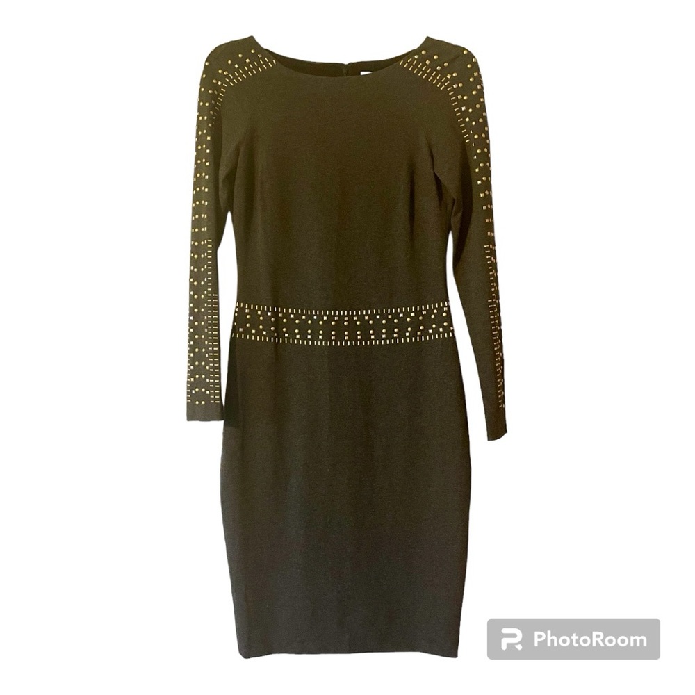 CACHE knit dress | size S | grey with brushed gold studs | zipper back | EUC!!!